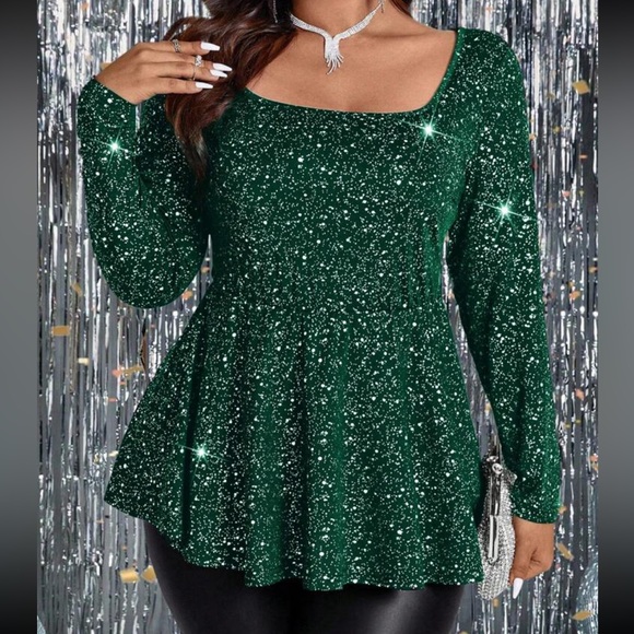 Plus Size Paint Print Square Neckline Evening Party Top Blouse Shirt Green - Picture 1 of 7